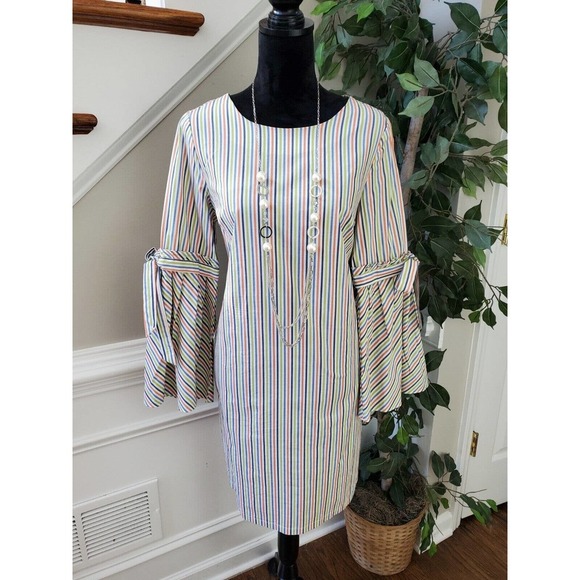 ICE Women's Striped Polyester Round Neck Long Sleeve Knee Length Dress Size 6 - Picture 12 of 12